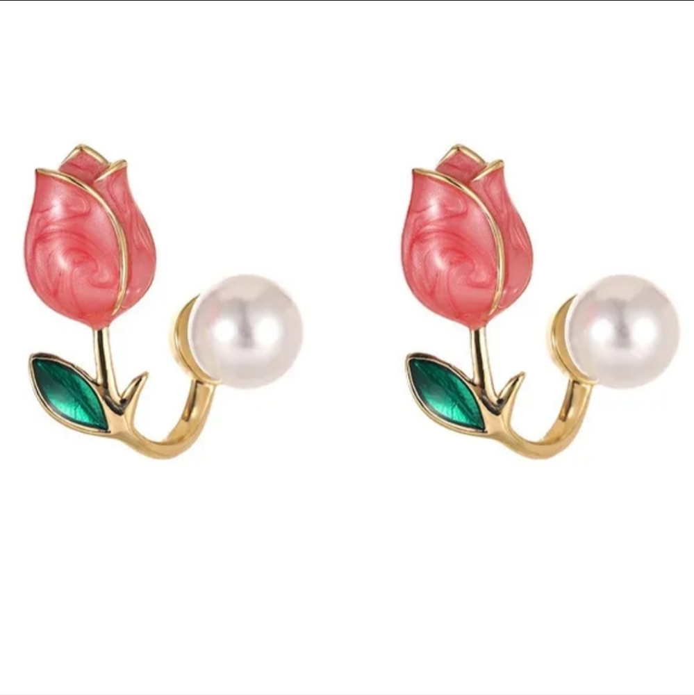 🌷⚘️NEW🌷⚘️BEAUTIFUL!! Tulip and Faux Pearl Earrings in GOLD 🌷⚘️ - Picture 2 of 16
